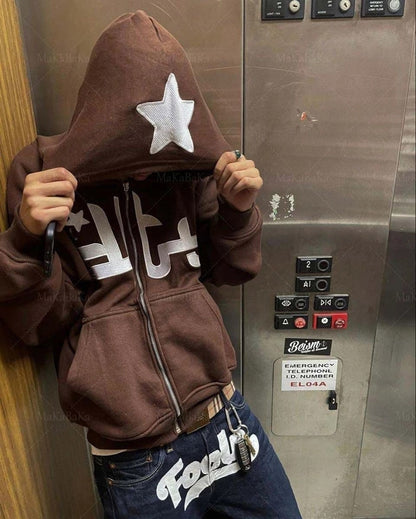 xakxx Vintage Star Pattern Hoodie Women Men Fairy Grunge Long Sleeve Zipper Jacket Harajuku Oversize Sweatshirt Streetwear Y2K Clothes