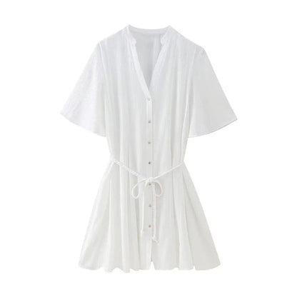xakxx - New women's  round neck short sleeve dress V-shaped neckline with lining woven belt short dress