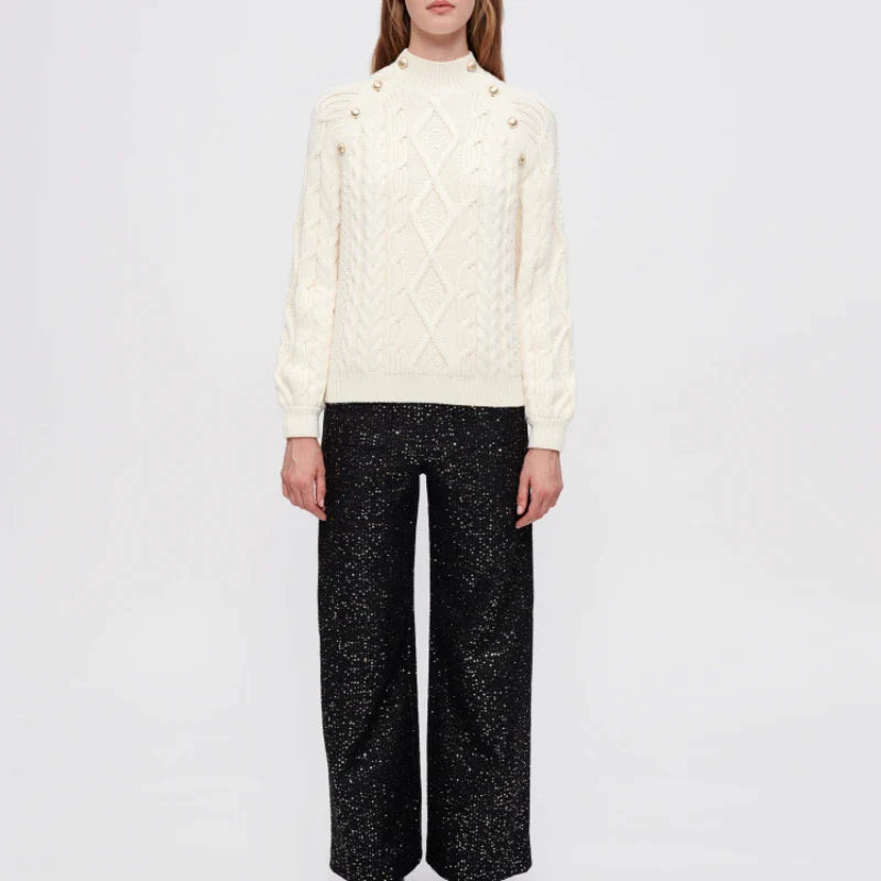 xakxx xakxx Women's Pullover Autumn Clothing Fashion Standing Collar White Threaded Knit Sweater Top