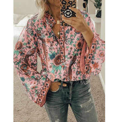 xakxx- Vintage Bird Flower Printed Blouse Women V Neck Button Long Sleeve Tops Autumn Chic Shirts Oversize 5Xl