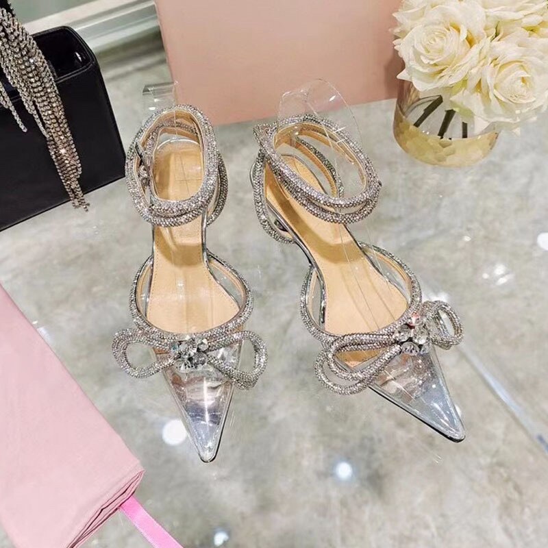 Back to school  Hot Glitter Rhinestones Women Pumps Crystal bowknot Satin Summer Lady Shoes Genuine leather High heels Party Prom Shoes