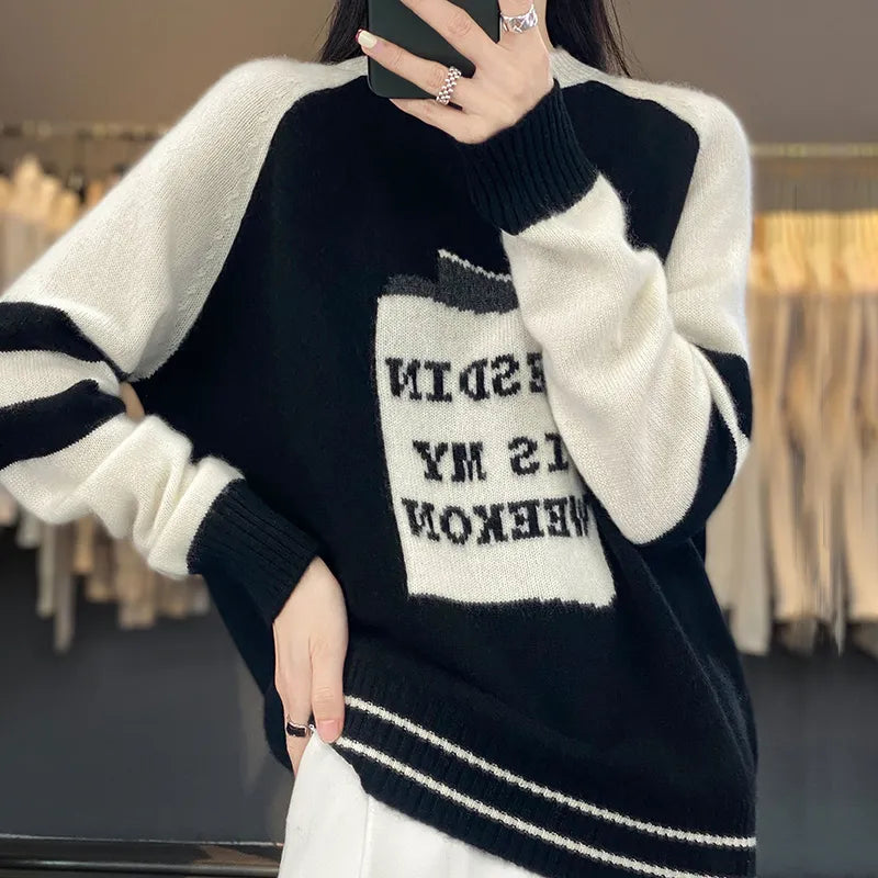 xakxx xakxx-Autumn and winter letter jacquard embroidery cashmere sweater sweater women's pullover loose and fattening.