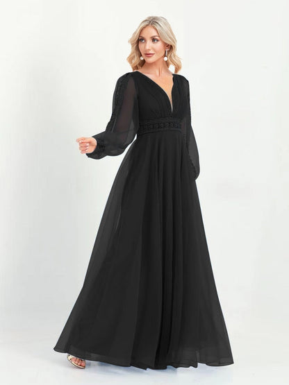 xakxx Elegant Evening Dresses V-Neck Long Sleeve Floor-Length Gown  Women Chiffon A-line Prom Formal  Dress
