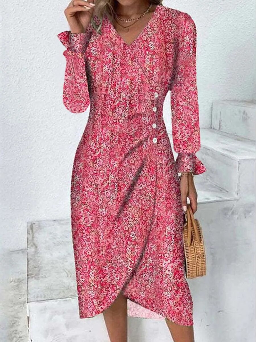 xakxx-  Autumn Floral Bodycon Midi Dress For Women V Neck Long Sleeve Ruched Slim Fit Dresses Female Sexy Vestido Robe