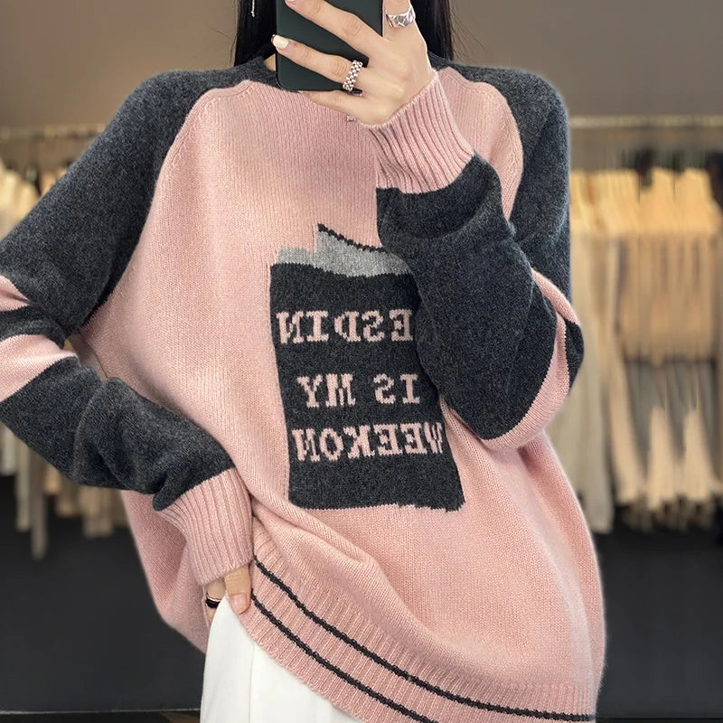 xakxx xakxx-Autumn and winter letter jacquard embroidery cashmere sweater sweater women's pullover loose and fattening.