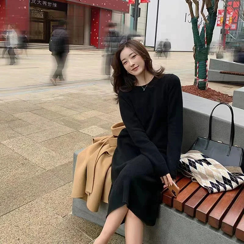 xakxx xakxx-Simple round neck pure cashmere knit dress women's knee-high autumn and winter new coat with long sweater skirt.