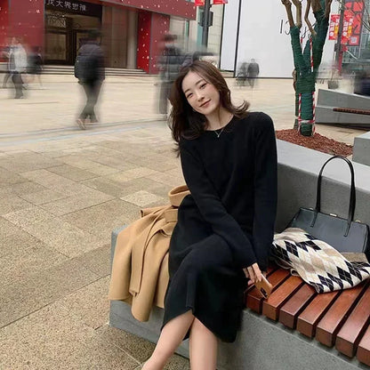 xakxx xakxx-Simple round neck pure cashmere knit dress women's knee-high autumn and winter new coat with long sweater skirt.