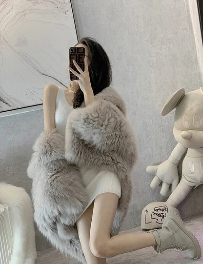 xakxx High Quality Luxury Faux Fur Coats Women Loose Hooded Fox Fur Jacket Fashion Warm Thick Coat Girl Winter Fluffy Furry Fur Jacket