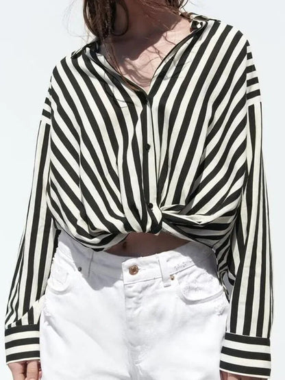 xakxx xakxx - New women's long-sleeved lapel V-neckline Front design with knot decoration Front breasted closure Linen blend stripe shirt