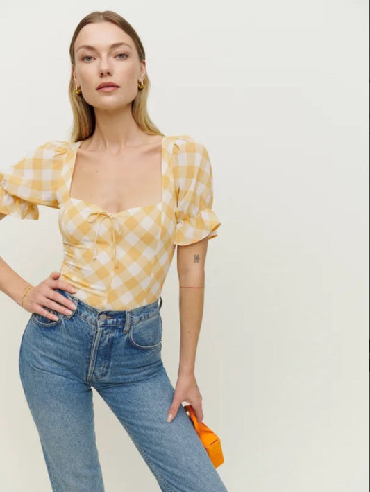 xakxx xakxx Summer Women Blouses Yellow Short Sleeves Back Zipper Front Ties Plaid Flare Sleeves Square Collar Chiffon Slim Shirt Ladies