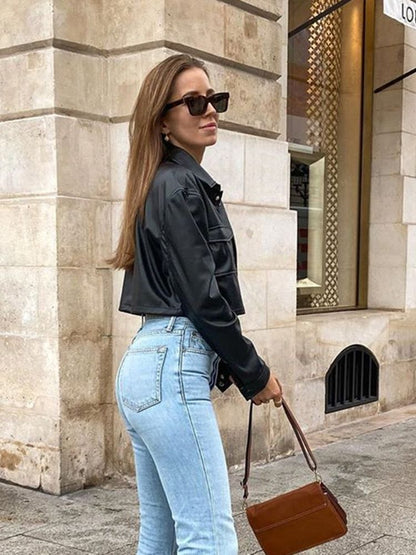 xakxx Autumn outfits Black PU Leather Short Jackets Women Long Sleeve Lapel Button Jacket Coat With Pockets Spring Autumn Outerwear Female