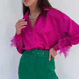 xakxx Feather Cuffs Elegant Women Shirts  Satin Spring Fashion Button Down Blouse Long Sleeves Loose Turndown Collar Tops