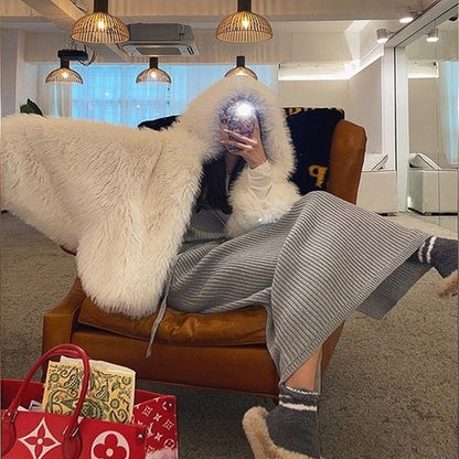 xakxx High Quality Luxury Faux Fur Coats Women Loose Hooded Fox Fur Jacket Fashion Warm Thick Coat Girl Winter Fluffy Furry Fur Jacket