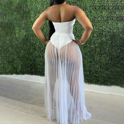 xakxx Fashion Women Mesh Maxi Dress Robes Beachwear Off Shoulder Leaf Print Tube See-Through Pleated Long Party Club Dress