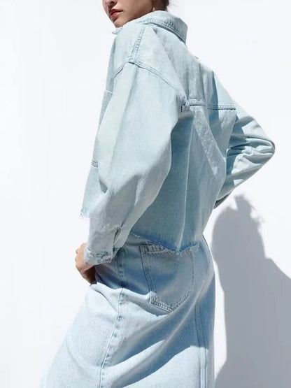 xakxx- New Women's Clothes Temperament Fashionable Casual Front Metal Button Closure Cropped Denim Jacket Outerwear