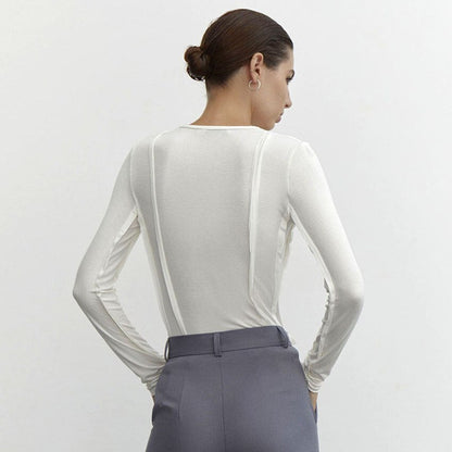 xakxx Solid Simple White Women's T-shirt Elegant Round Neck Long Sleeve Tops Female Slim T Shirts Women Outfits Basic Tees