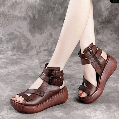 xakxx  New Women's Sandals Summer Leisure Comfort Wedge Shoes Vintage Classic Outdoor Durable Leather Thick Sole Flat Shoes