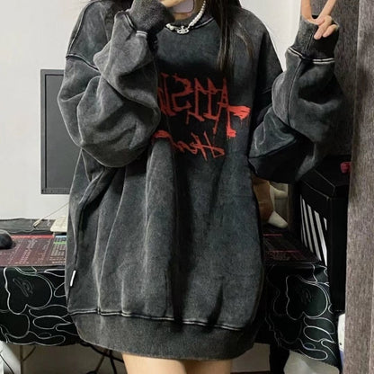 xakxx Emo Gothic Print Oversized Sweatshirts Women Harajuku Vintage Loose Hoodies Long Sleeve Crewneck Pullovers Female Tops