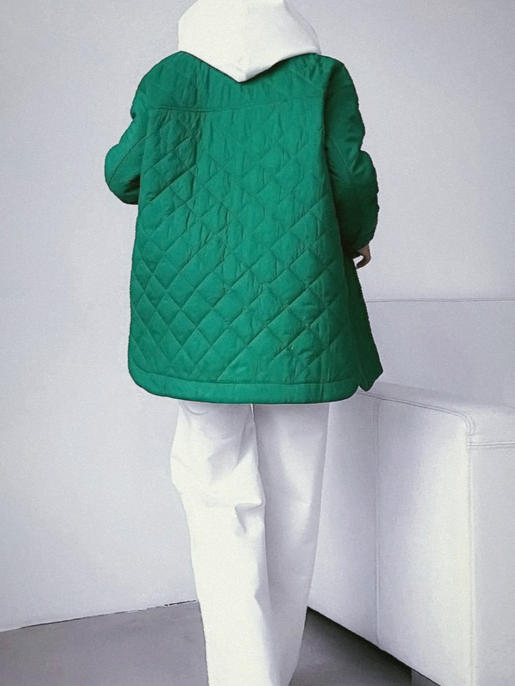 xakxx Women's Winter Jacket New Super Hot Single-breasted Lapel Long Green Loose Warm Plaid Top Casual Streetwear Quilted Coats Female