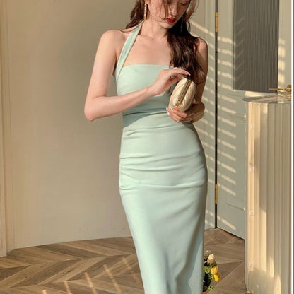 xakxx Summer Halter Midi Dress For Women Elegant Bodycon Chic Ladies Solid Strapless Clothing Femme Fashion Vestidos
