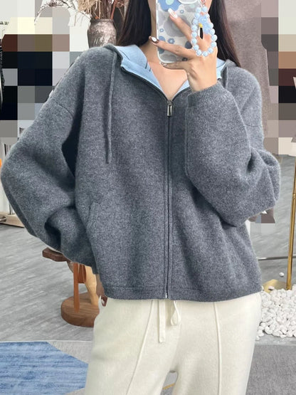 xakxx xakxx-Fall/winter new air cashmere cardigan women's loose padded knit hoodie contrast zipper sweater coat