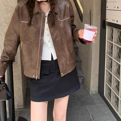 xakxx-Leather Short Coat Women  Autumn Vintage PU Loose Coffee Motorcycle Jacket Fashion Black Leather Coat For Women