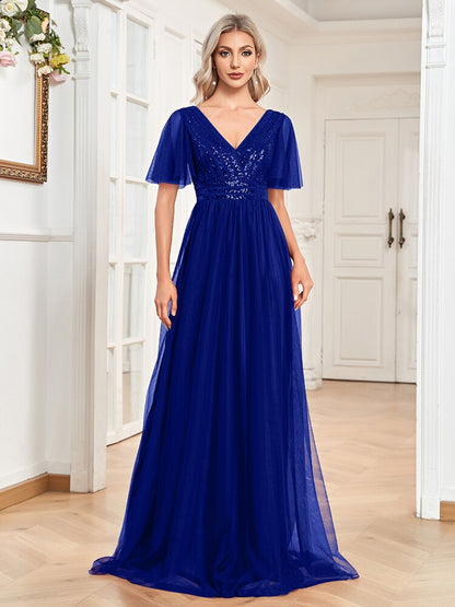 xakxx Elegant Evening Dresses A-LINE Chiffon Short Sleeve V-Neck  Simple Sequins Wedding Party Bridesmaid Dress Women