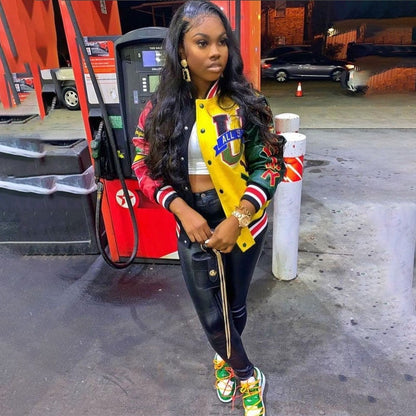 xakxx Autumn outfits Long Sleeve Tops Ladies Print Coat Varsity Jacket Women Yellow Streetwear Fall Winter Patchwork Jackets For Women