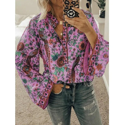 xakxx- Vintage Bird Flower Printed Blouse Women V Neck Button Long Sleeve Tops Autumn Chic Shirts Oversize 5Xl