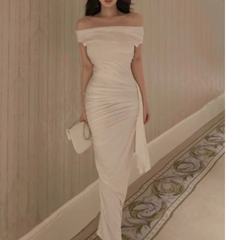xakxx Sexy Women Off Shoulder Slim Midi Dress For Eve Prom Elegant Fold Solid White Lady Outfits  Summer Vintage Vestidos Robe