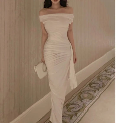xakxx Sexy Women Off Shoulder Slim Midi Dress For Eve Prom Elegant Fold Solid White Lady Outfits  Summer Vintage Vestidos Robe