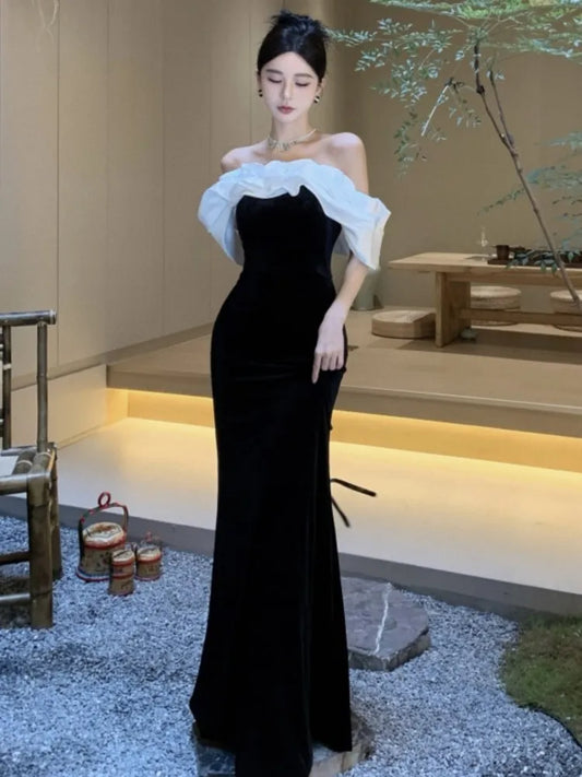 xakxx Women Sexy Off Shoulder Party Dress  New Slim Waist French Patchwork Elegant Lady Maxi Fashion Solid A-line Vestidos Mujers