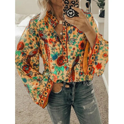 xakxx- Vintage Bird Flower Printed Blouse Women V Neck Button Long Sleeve Tops Autumn Chic Shirts Oversize 5Xl
