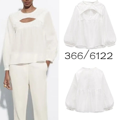 xakxx xakxx - New women's casual all-match round neck lace decoration long-sleeved white slit blouse top 3666122