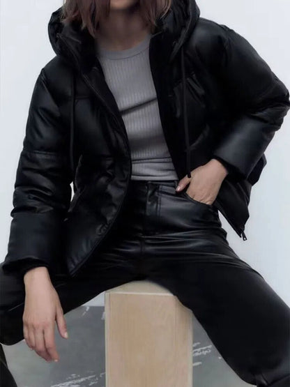 xakxx - Autumn New Solid Color Versatile Warm Hooded Zipper Closure Elastic Band Adjustable Hem Short Padded Jacket Coat Women