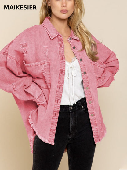 xakxx Jackets for Women  Spring Autumn New Lapel Long Sleeve Denim Coat Vintage Clothing Streetwear Ladies Tops Women Coats Frayed