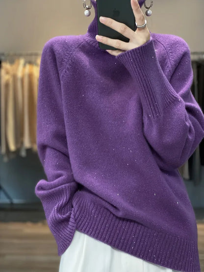 xakxx xakxx-Loose sequined turtleneck 100% cashmere sweater thick sweater female Korean version of winter new wool bottoming sweater