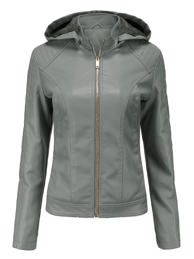 xakxx Black Leather Jackets for Women  New Winter Warm Korean Fashion PU Zipper Plush Hooded Vintage Streetwear Clothes Coat Women
