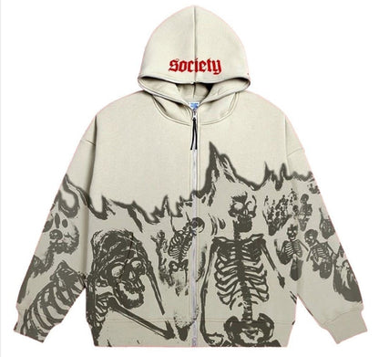 xakxx Vintage Printed Hoodies High Street Zip Up Hooded Sweatshirt Jacket Harajuku Goth Oversized Autumn Winter Streetwear Hoodie Tops