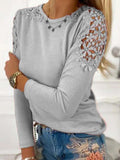 xakxx- Women Autumn Solid T Shirt Lace O Neck Long Sleeve Female Casual Loose Plus Size Blouse Tops 5Xl