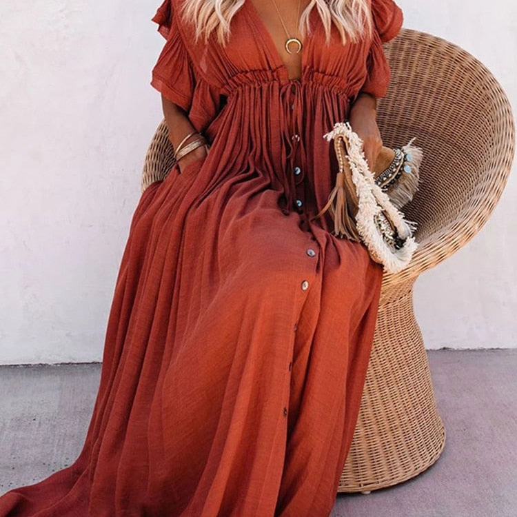 xakxx Women Long Dress Boho Summer Beach Bikini Cover Up Dresses Laides Maxi Casual V-Neck Sundress Vintage Sexy Robe Longue