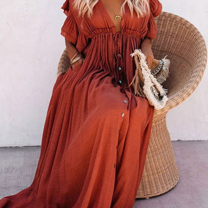 xakxx Women Long Dress Boho Summer Beach Bikini Cover Up Dresses Laides Maxi Casual V-Neck Sundress Vintage Sexy Robe Longue