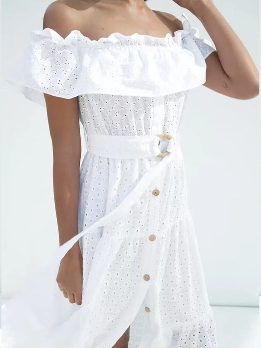 xakxx- New women's fashion casual vitality elegant same fabric belt white temperament hollow embroidery midi dress