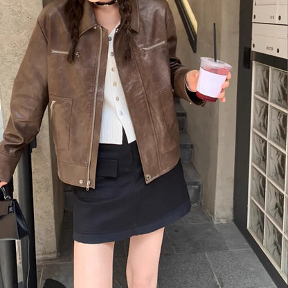 xakxx-Leather Short Coat Women  Autumn Vintage PU Loose Coffee Motorcycle Jacket Fashion Black Leather Coat For Women