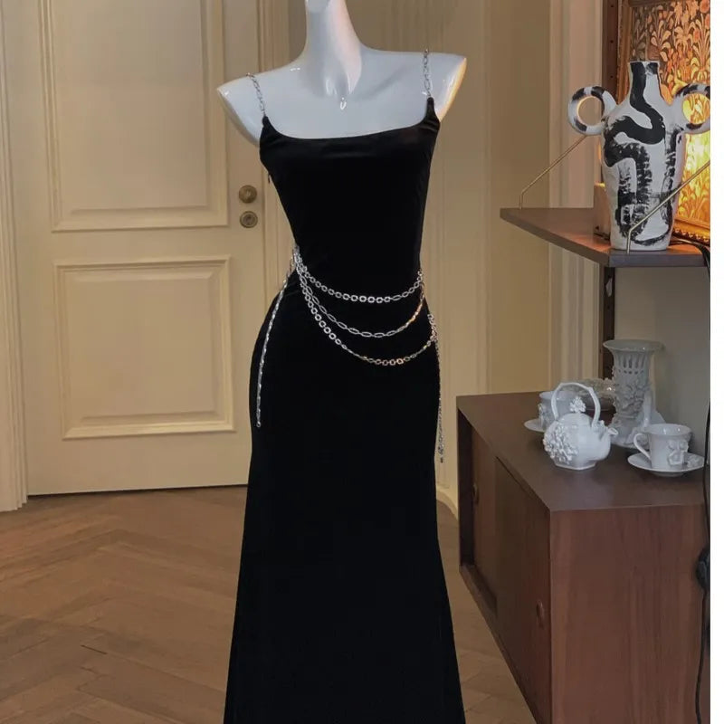 xakxx Sexy Black Women Strap Mermaid Dress  Fashion New Chain Female Elegant Maxi Dresses French Slim Waist  Velvet Vestidos Robe