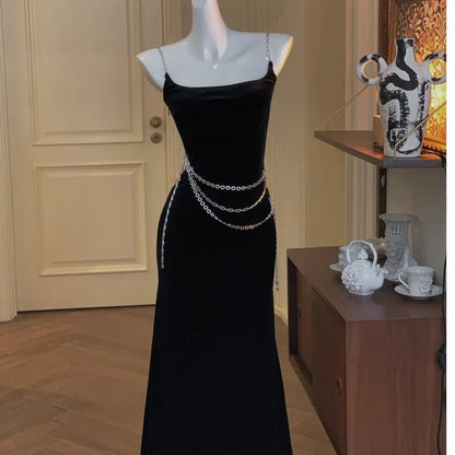 xakxx Sexy Black Women Strap Mermaid Dress  Fashion New Chain Female Elegant Maxi Dresses French Slim Waist  Velvet Vestidos Robe