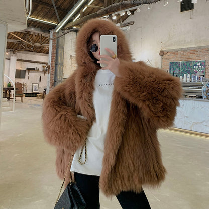 xakxx High Quality Luxury Faux Fur Coats Women Loose Hooded Fox Fur Jacket Fashion Warm Thick Coat Girl Winter Fluffy Furry Fur Jacket