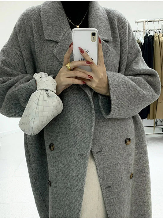 xakxx-New Women High Quality Alpaca Double-sided Wool Coat Loose Lapel Long Sleeve Fashion Lace-up Natural Woolen Jacket Autumn Winter