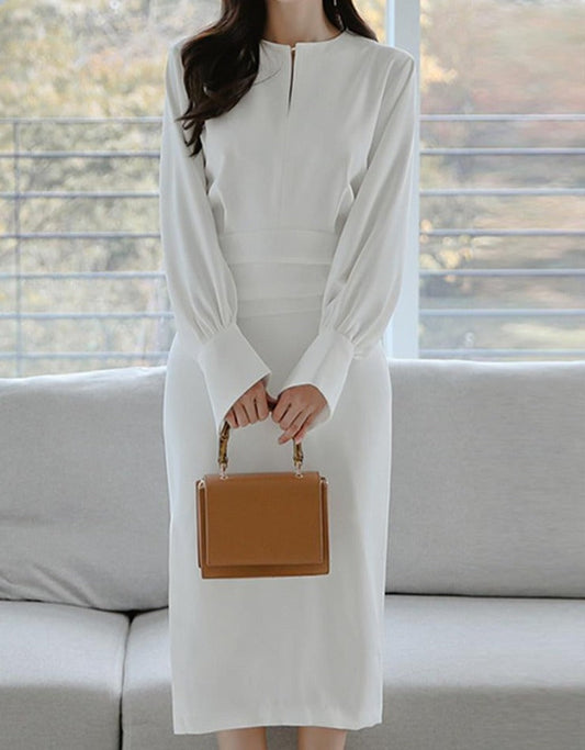 xakxx Women Chic Design Midi Dress Elegant Casual Office Lady High Wasit Fashion Slim Long Sleeve Slit Dress
