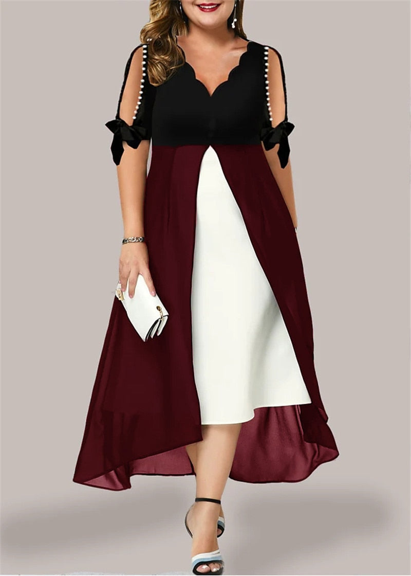 xakxx Women's Summer V-Neck Stitching Fake Two Pieces Of Rrregular Middle Sleeve Wavy Neck Sexy Hot Girl Dress